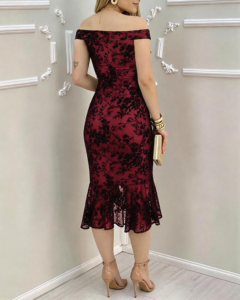 Women's Flock Floral Mesh Dress Off Shoulder Ruffle Hem Bodycon Dress Slit Evening Party Mermaid Gown - Image 9