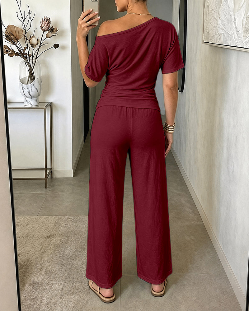 Women's Skew Neck 2 Piece Outfits Ruched Tie Waist Short Sleeve Top and High Waisted Wide Leg Pants Lounge Set - Image 26