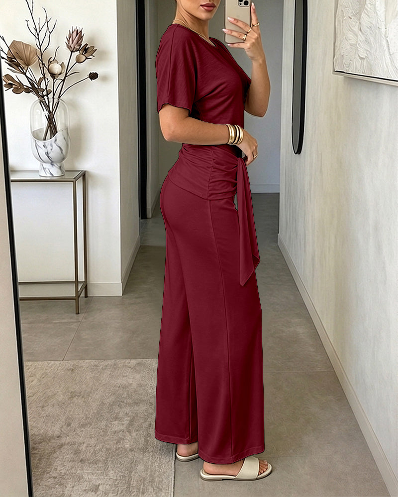 Women's Skew Neck 2 Piece Outfits Ruched Tie Waist Short Sleeve Top and High Waisted Wide Leg Pants Lounge Set - Image 27