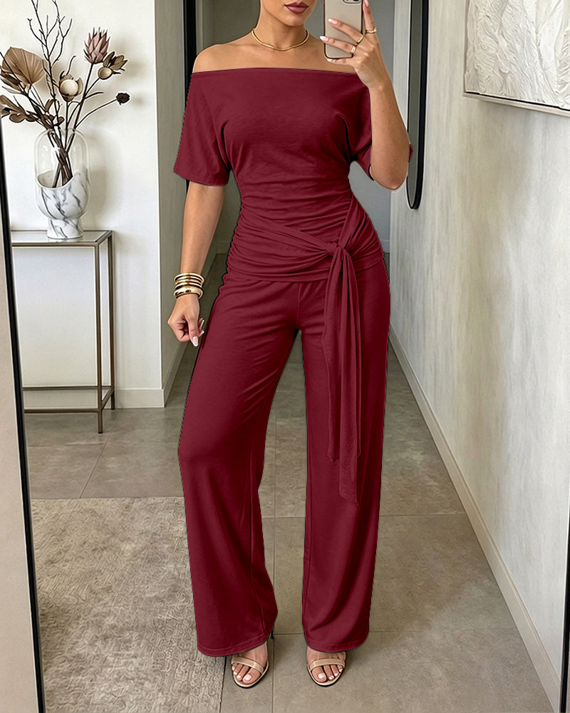 Women's Skew Neck 2 Piece Outfits Ruched Tie Waist Short Sleeve Top and High Waisted Wide Leg Pants Lounge Set - Image 28