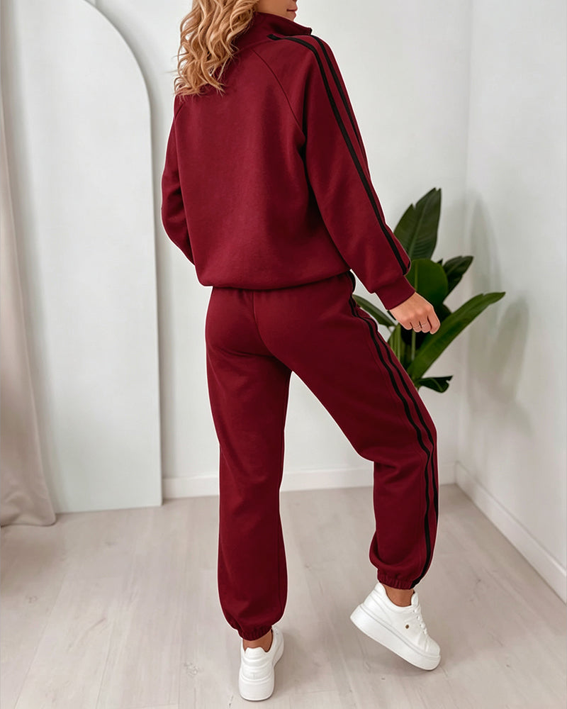 Women's Contrast Side Stripe Two Piece Sweatsuit Half Zip Sweatshirt and High Waisted Joggers Set Casual Tracksuit - Image 16