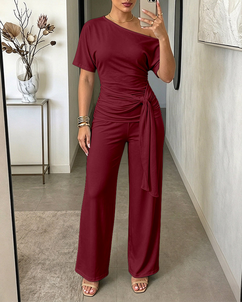 Women's Skew Neck 2 Piece Outfits Ruched Tie Waist Short Sleeve Top and High Waisted Wide Leg Pants Lounge Set - Image 25