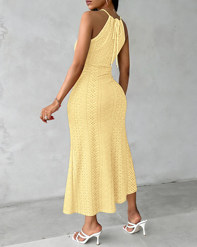 Adjustable Halter Hollow-out Back Ruched Front Slit Dress Guipure Lace Yoke Eyelet Embroidery Vacation Dress - Image 9