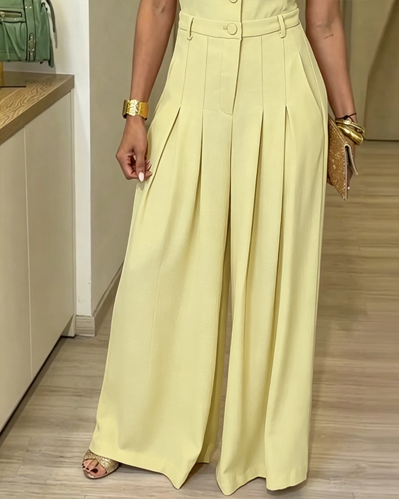 Women's Lapel V Neck Jumpsuit Cap Sleeve High Waisted Wide Leg Overalls Elegant Suit Jumpsuit - Image 23