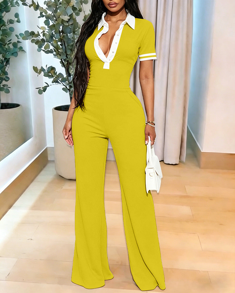 Women's Contrast Polo Neck Jumpsuit Short Sleeve Bodycon Romper Flared Leg Overalls with Snap Button Placket - Image 24