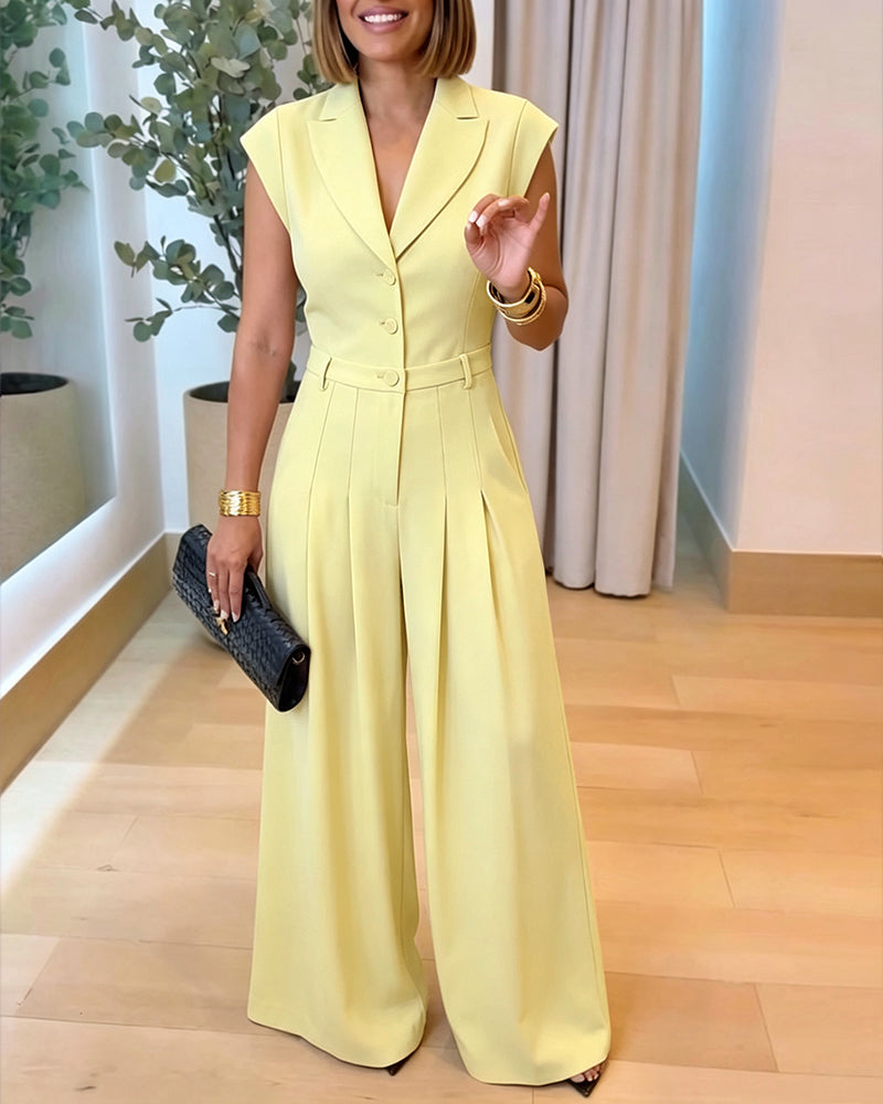 Women's Lapel V Neck Jumpsuit Cap Sleeve High Waisted Wide Leg Overalls Elegant Suit Jumpsuit - Image 16