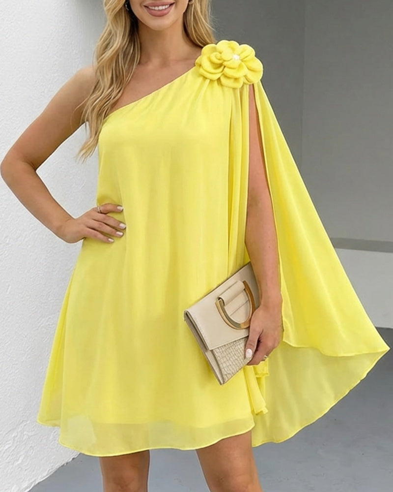 3D Flower Decor One Shoulder Sleeveless Mini Dress Casual A Line Vacation Dress - Image 3