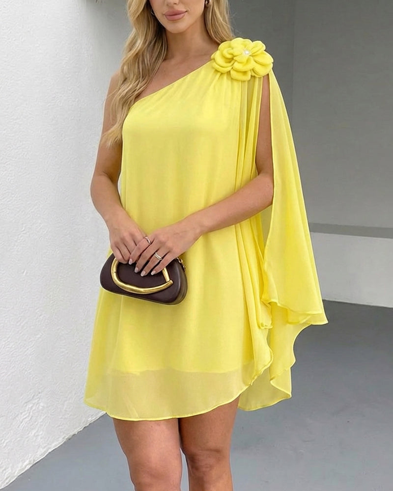 3D Flower Decor One Shoulder Sleeveless Mini Dress Casual A Line Vacation Dress - Image 4