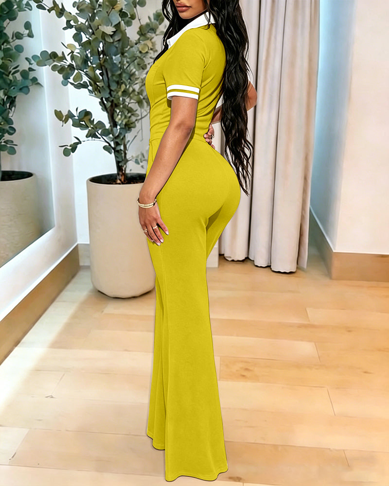 Women's Contrast Polo Neck Jumpsuit Short Sleeve Bodycon Romper Flared Leg Overalls with Snap Button Placket - Image 28