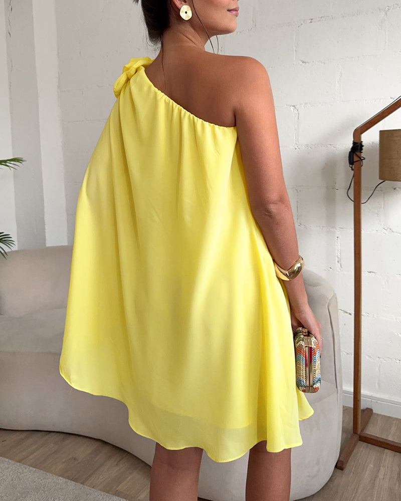 3D Flower Decor One Shoulder Sleeveless Mini Dress Casual A Line Vacation Dress - Image 2