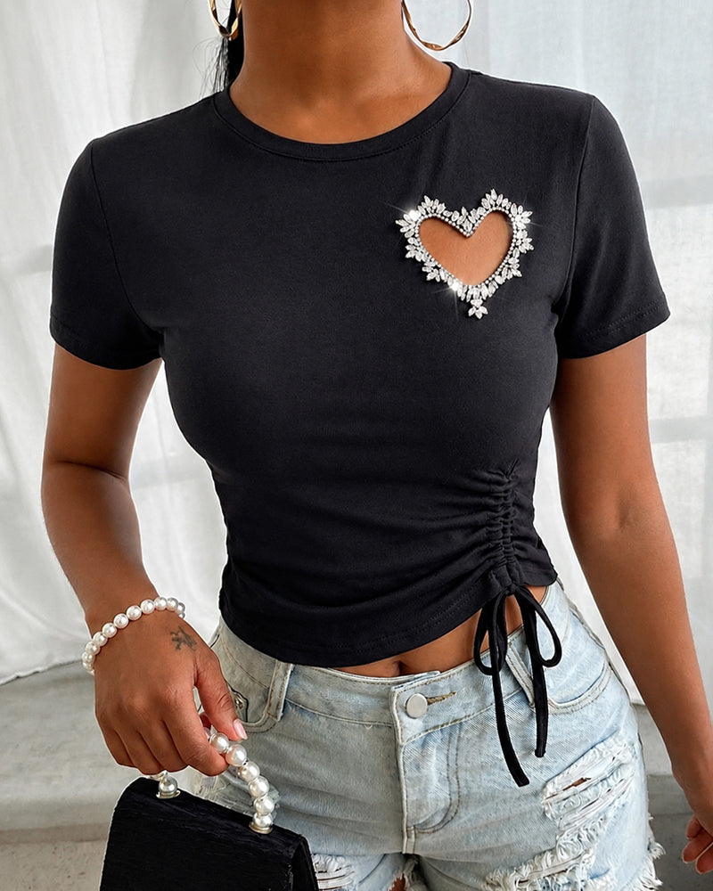Women's Heart Cutout Rhinestone T-Shirt Short Sleeve Side Drawstring Ruched Top Slim Fit Sparkly Party Tee - Image 7