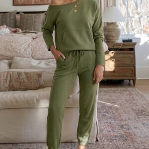 Women's 2 Piece Sweatsuit Set Crewneck Drop Shoulder Sweatshirt and High Waisted Drawstring Joggers Casual Lounge Set